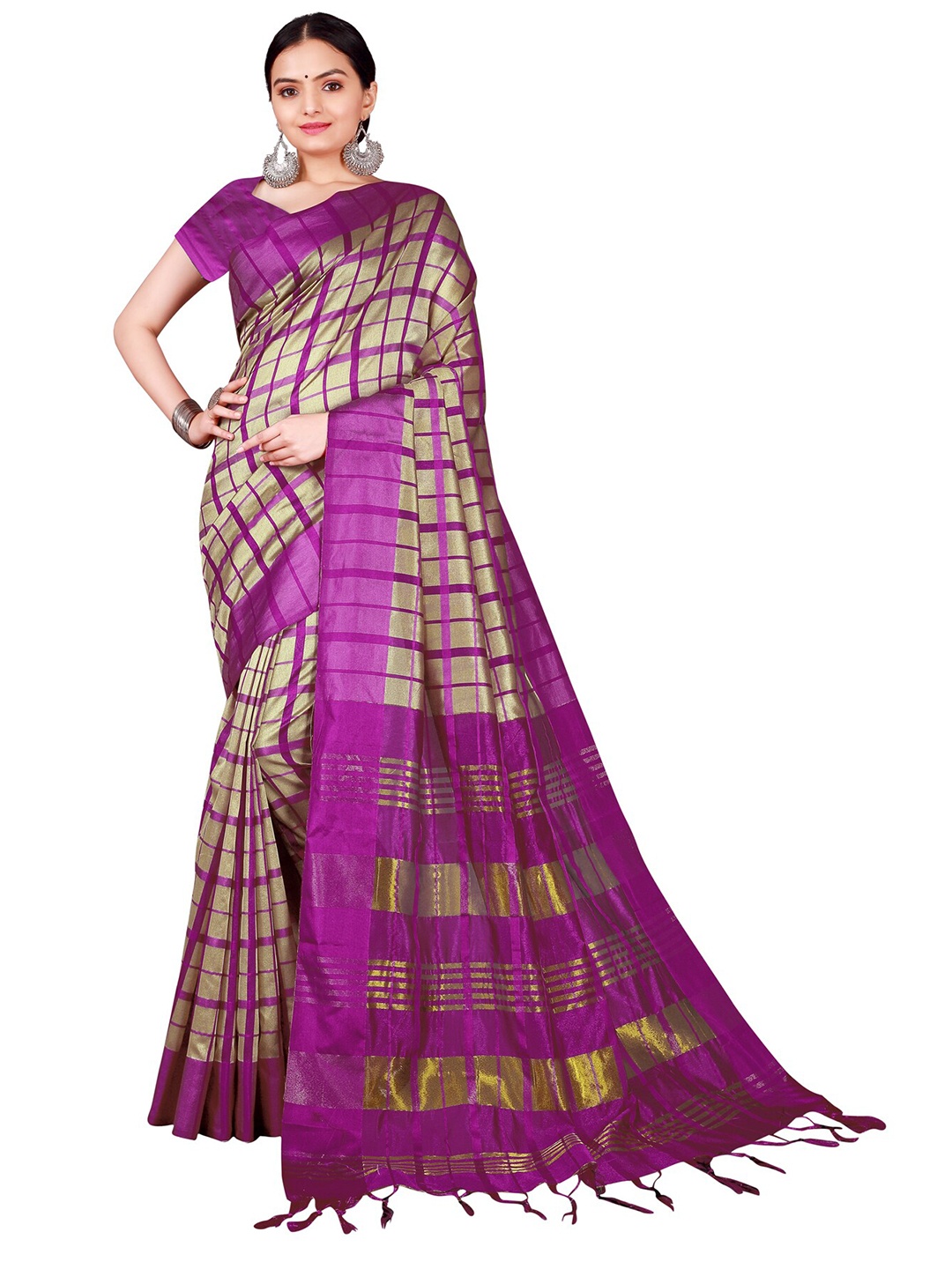 

SAADHVI Beige & Fuchsia Checked Saree