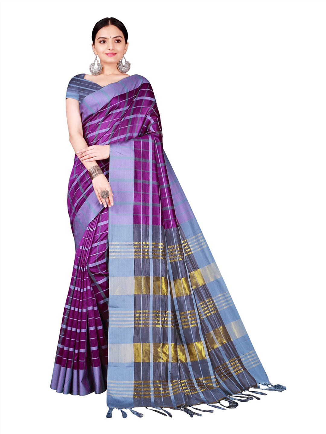 

SAADHVI Purple Checked Saree