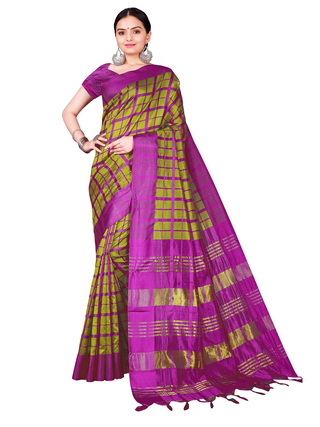 

SAADHVI Olive Green & Pink Checked Silk Cotton Saree