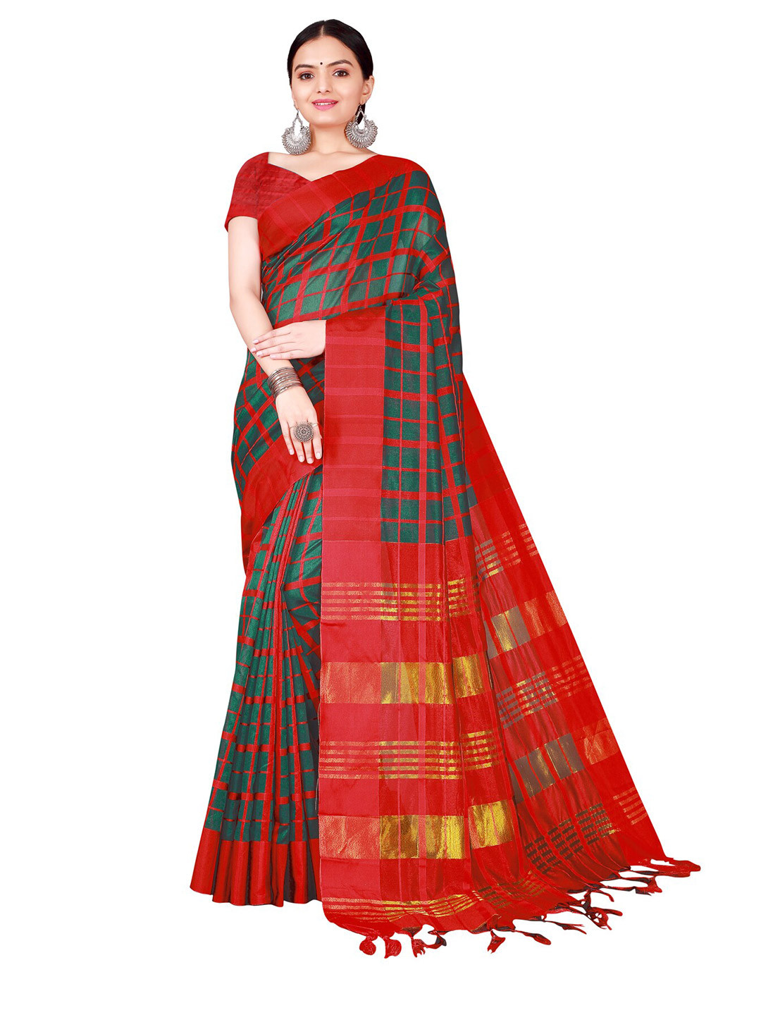 

SAADHVI Olive Green & Red Checked Cotton Silk Saree