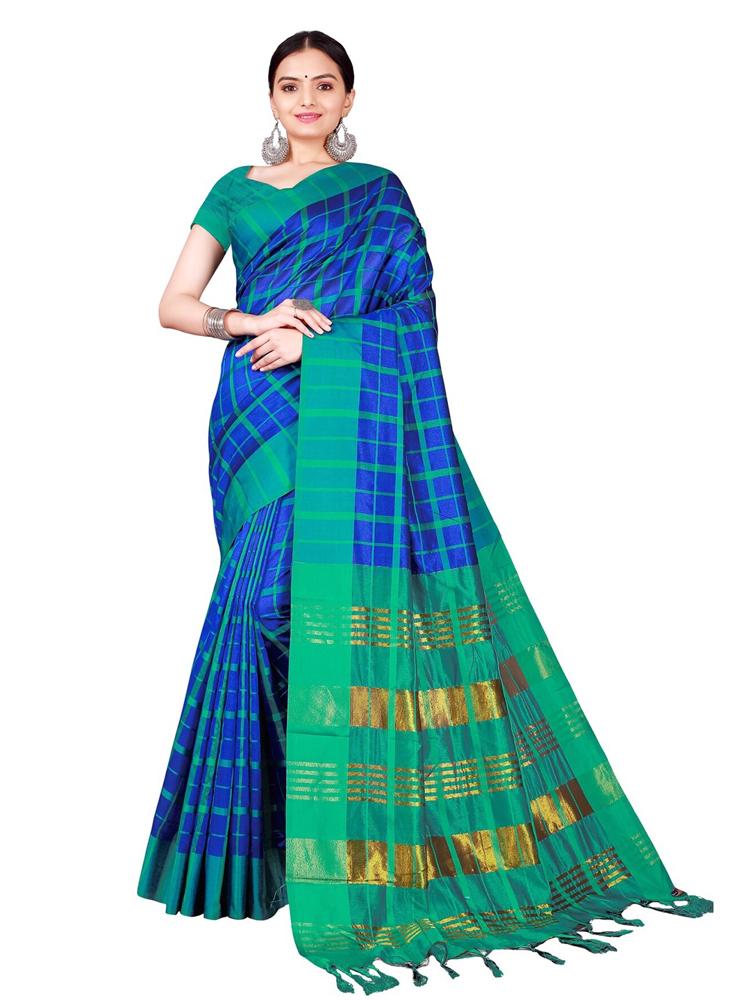 

SAADHVI Blue & Green Checked Printed Cotton Silk Saree