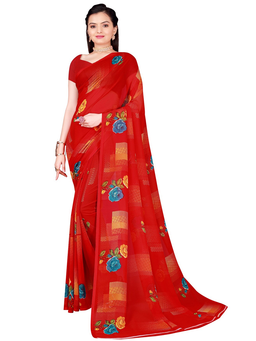 

SAADHVI Red & Yellow Floral Pure Georgette Saree