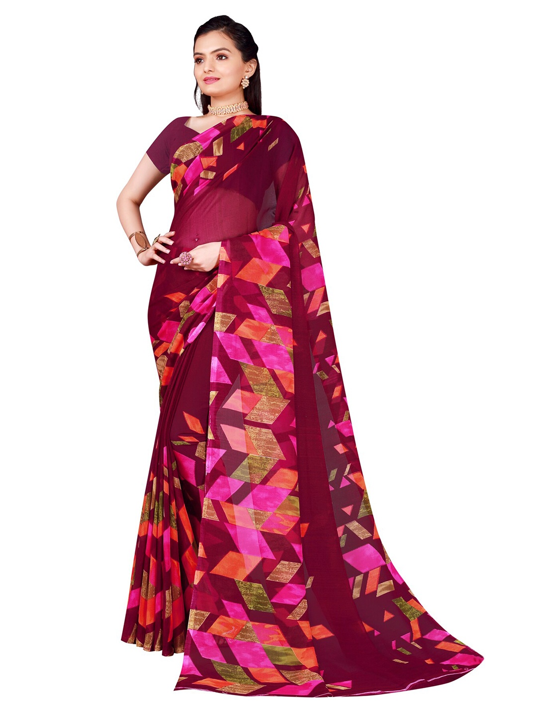 SAADHVI Burgundy & Pink Abstract Printed Pure Georgette Saree