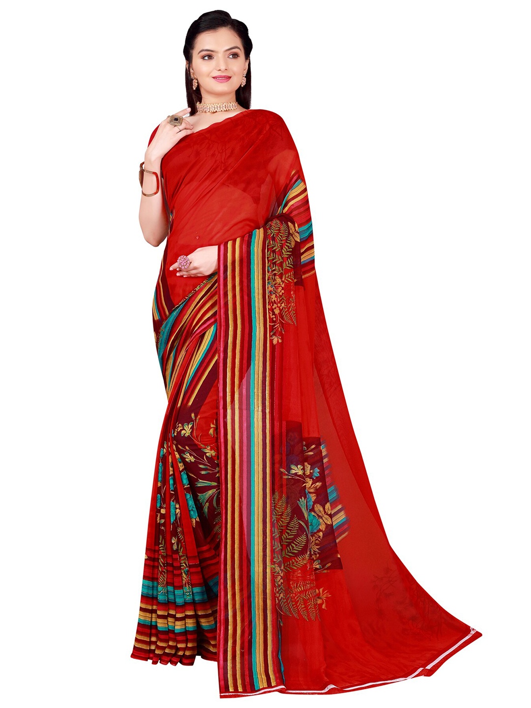 

SAADHVI Red & Blue Floral Pure Georgette Saree