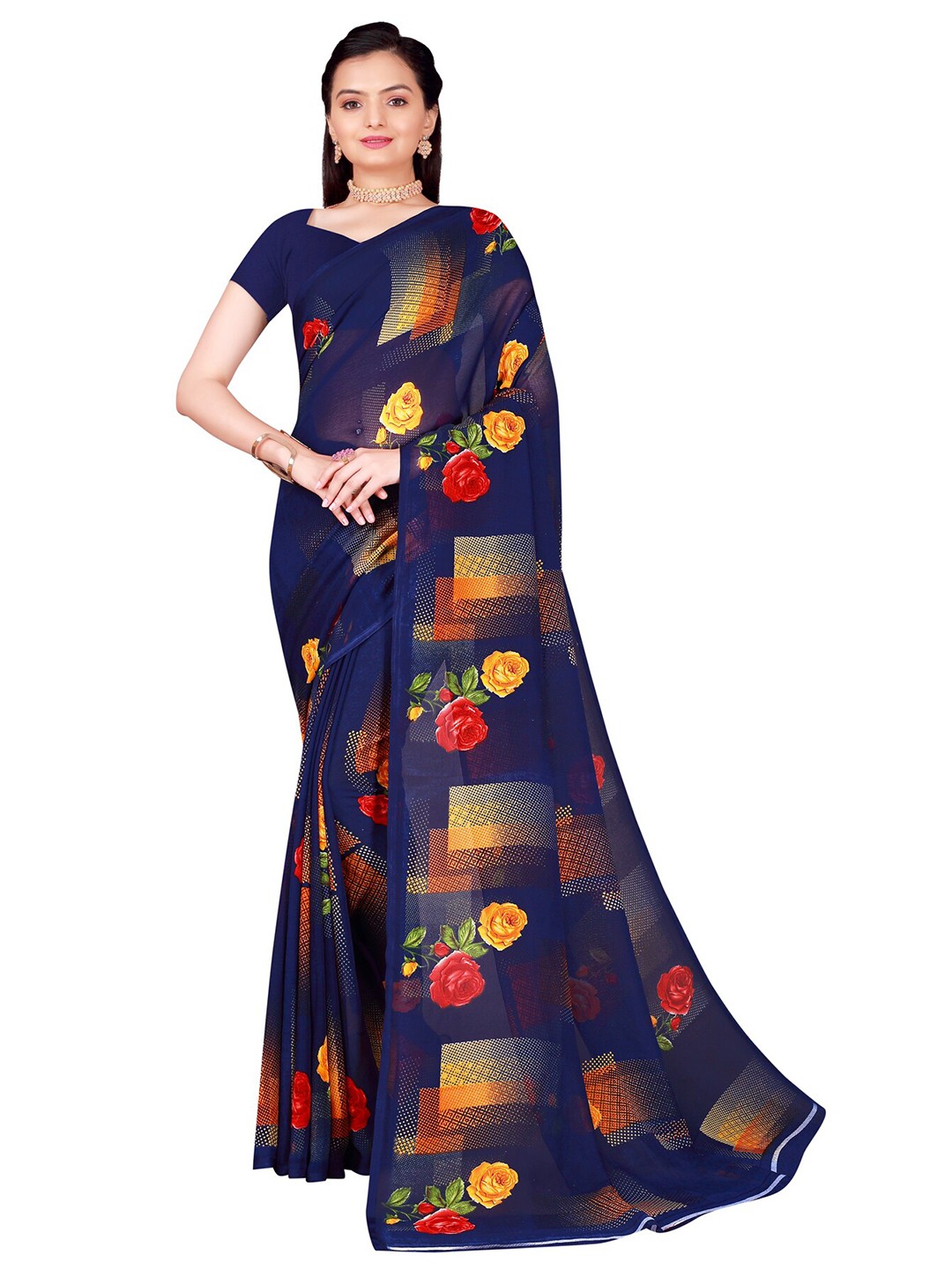 

SAADHVI Navy Blue & Red Floral Printed Pure Georgette Saree