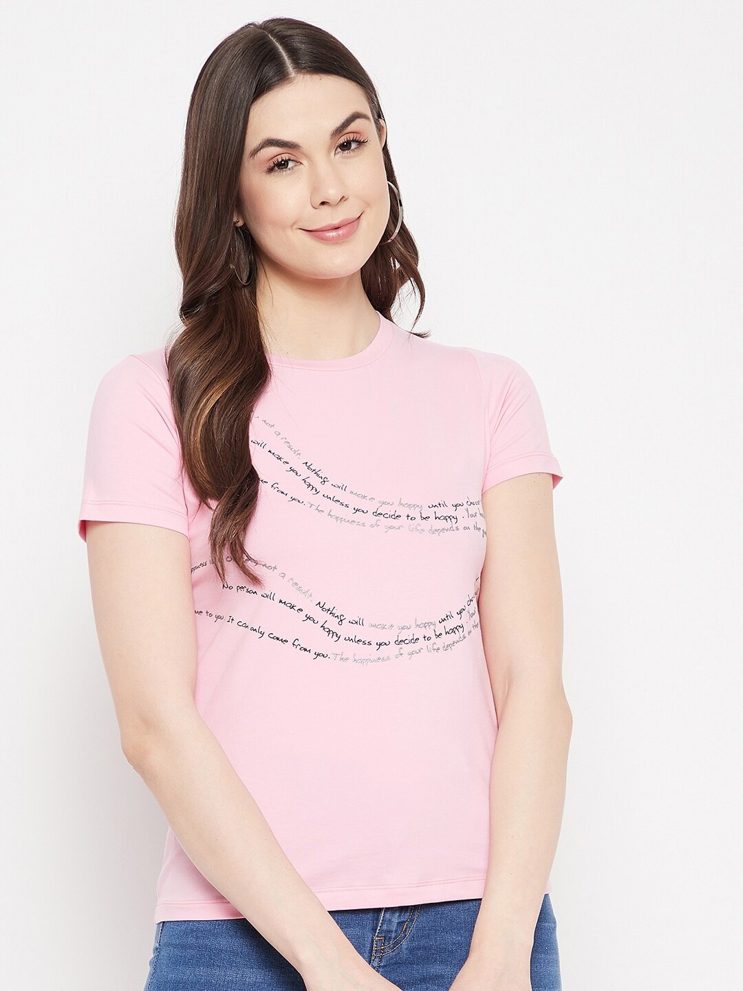 

Madame Pink & black Typography Printed Cotton Regular Top
