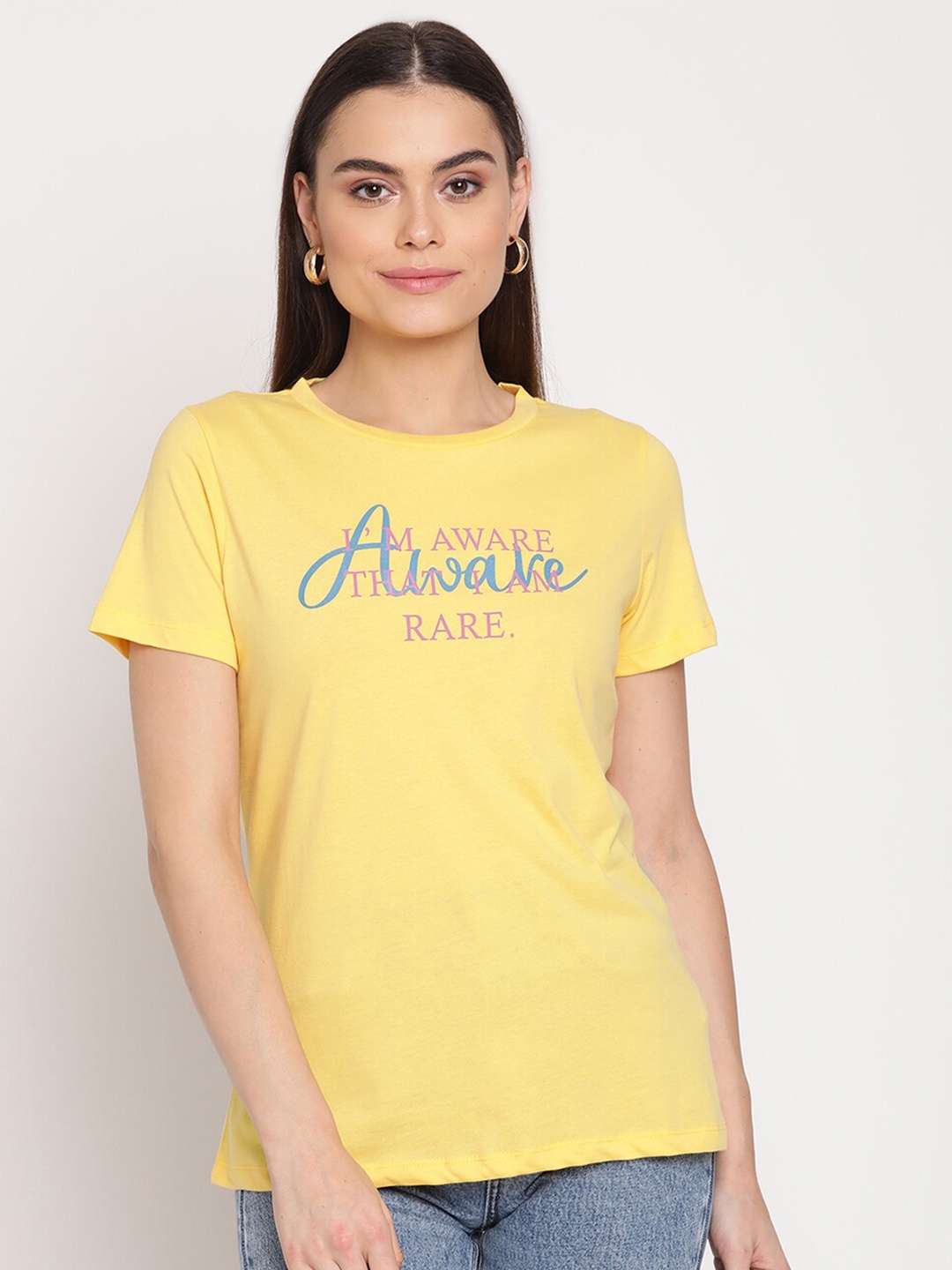 

Madame Women Yellow Typography Printed T-shirt