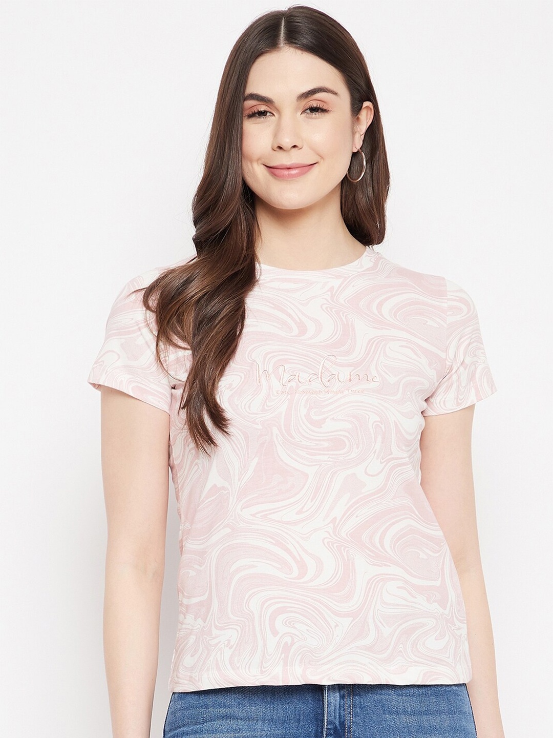 

Madame Peach-Coloured & White Abstract Print Top