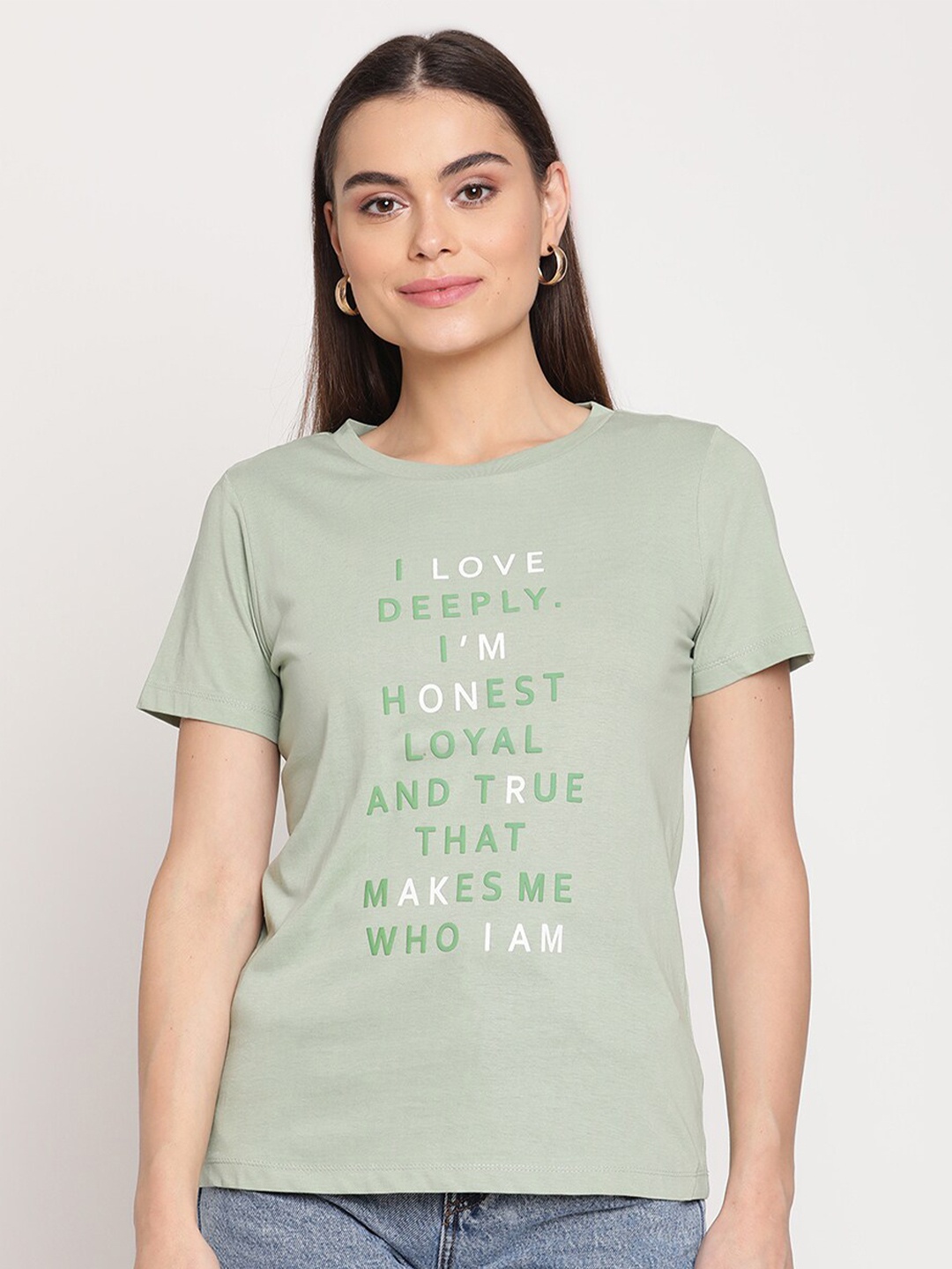 

Madame Women Green Typography Printed T-shirt