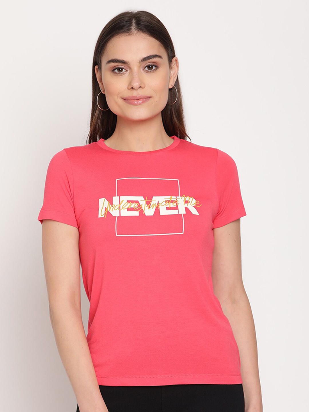 

Madame Women Fuchsia & Beige Typography Printed T-shirt
