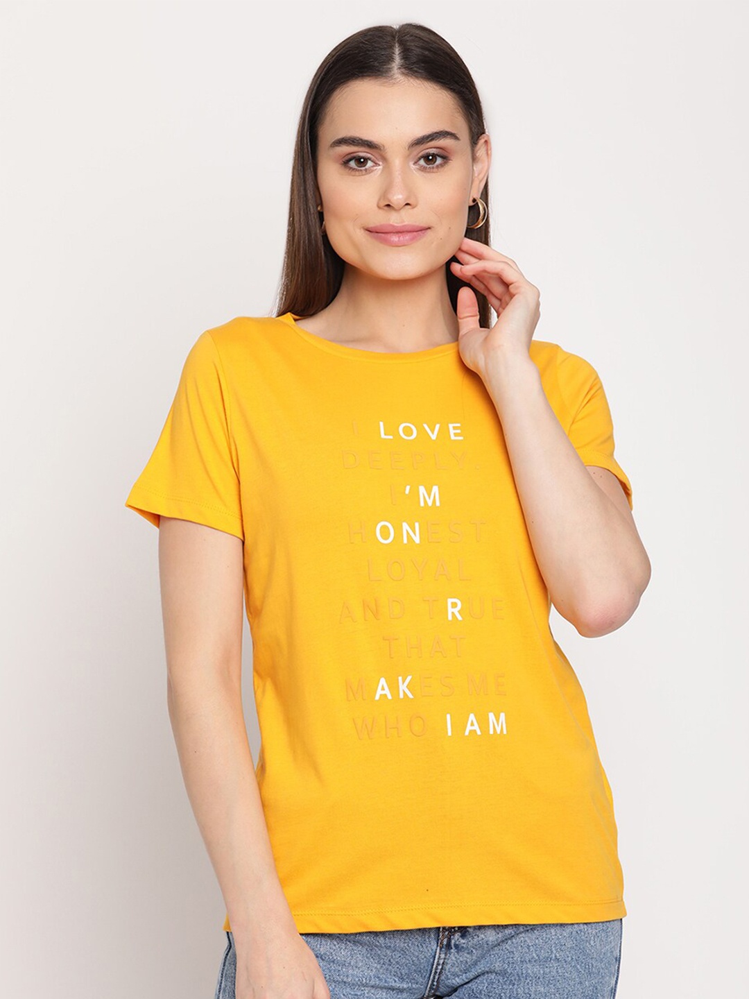 

Madame Women Mustard Yellow & White Typography Printed T-shirt