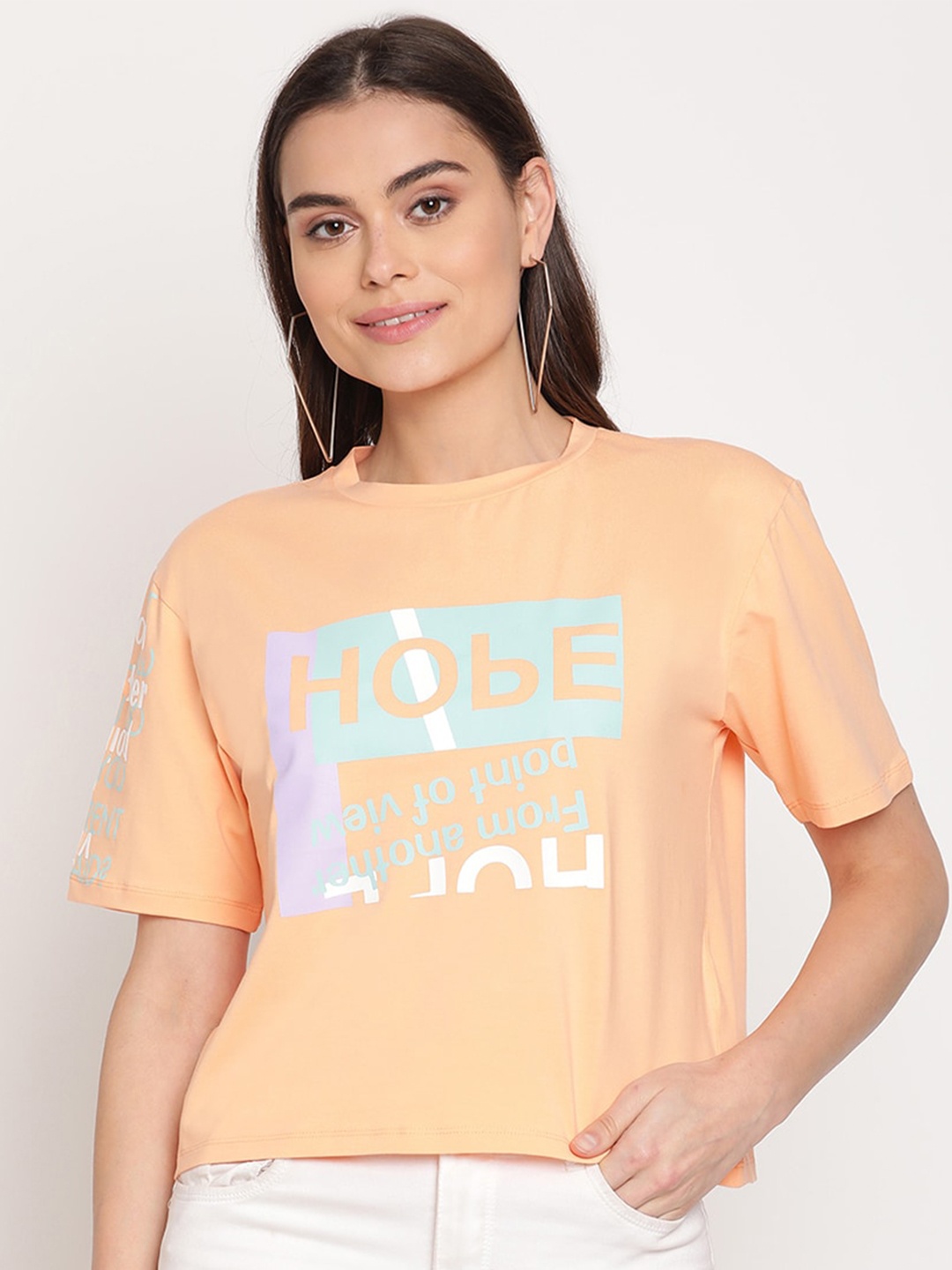 

Madame Peach-Coloured Print Boxy Top