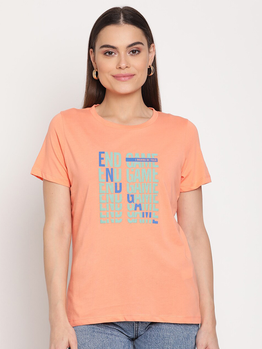 

Madame Women Peach-Coloured Typography Printed T-shirt