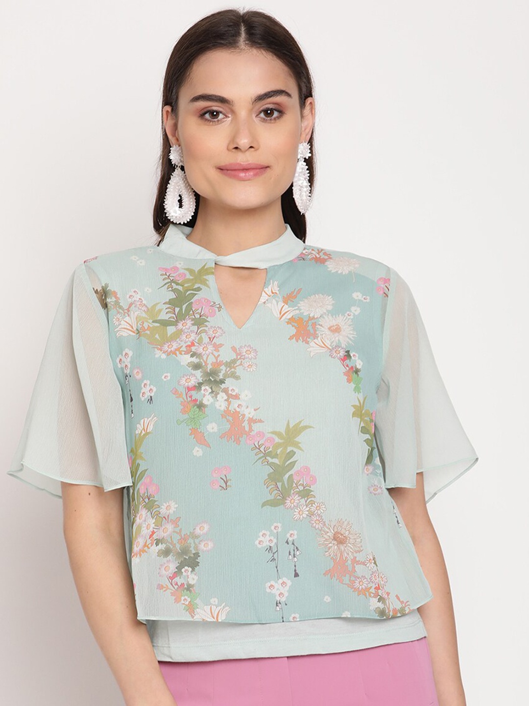 

Madame Turquoise Blue Floral Print Keyhole Neck Top