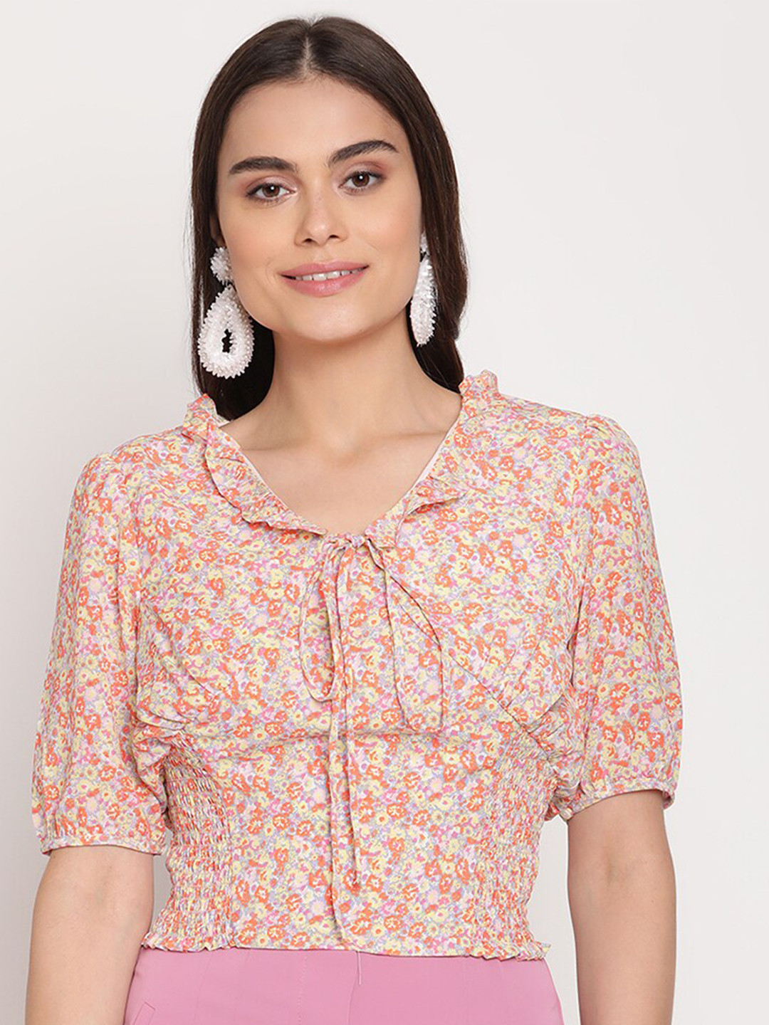 

Madame Pink Floral Print Tie-Up Neck Top