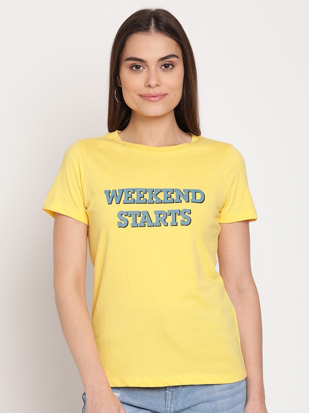 

Madame Women Yellow Typography Printed Top