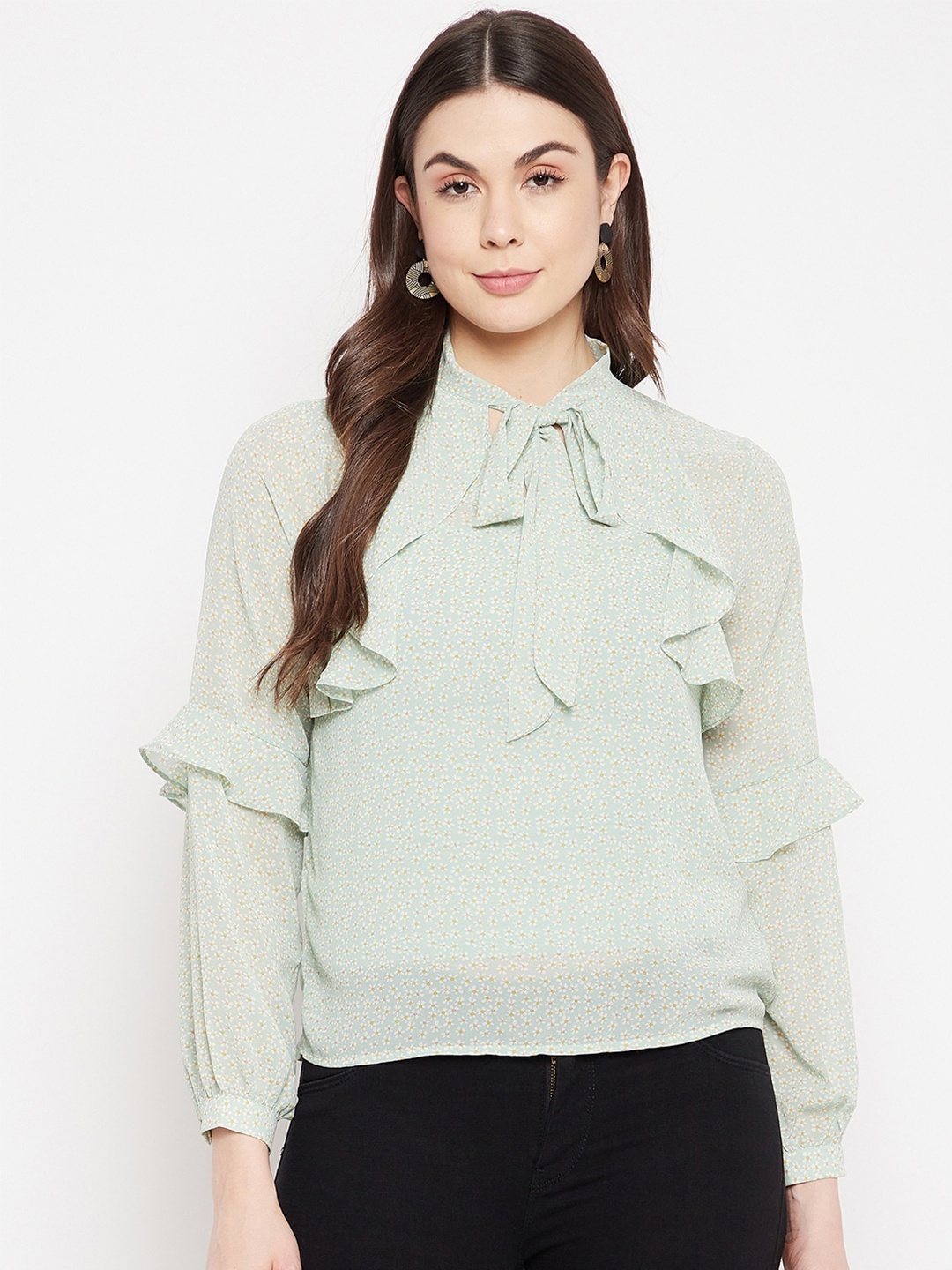 

Madame Women Mint Green Micro Ditsy Print Tie-Up Neck Top