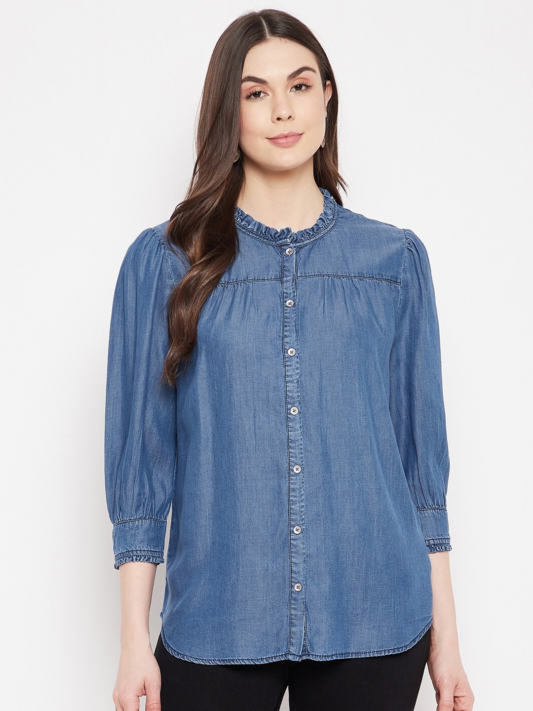 

Madame Women Blue Solid Mandarin Collar Shirt Style Top