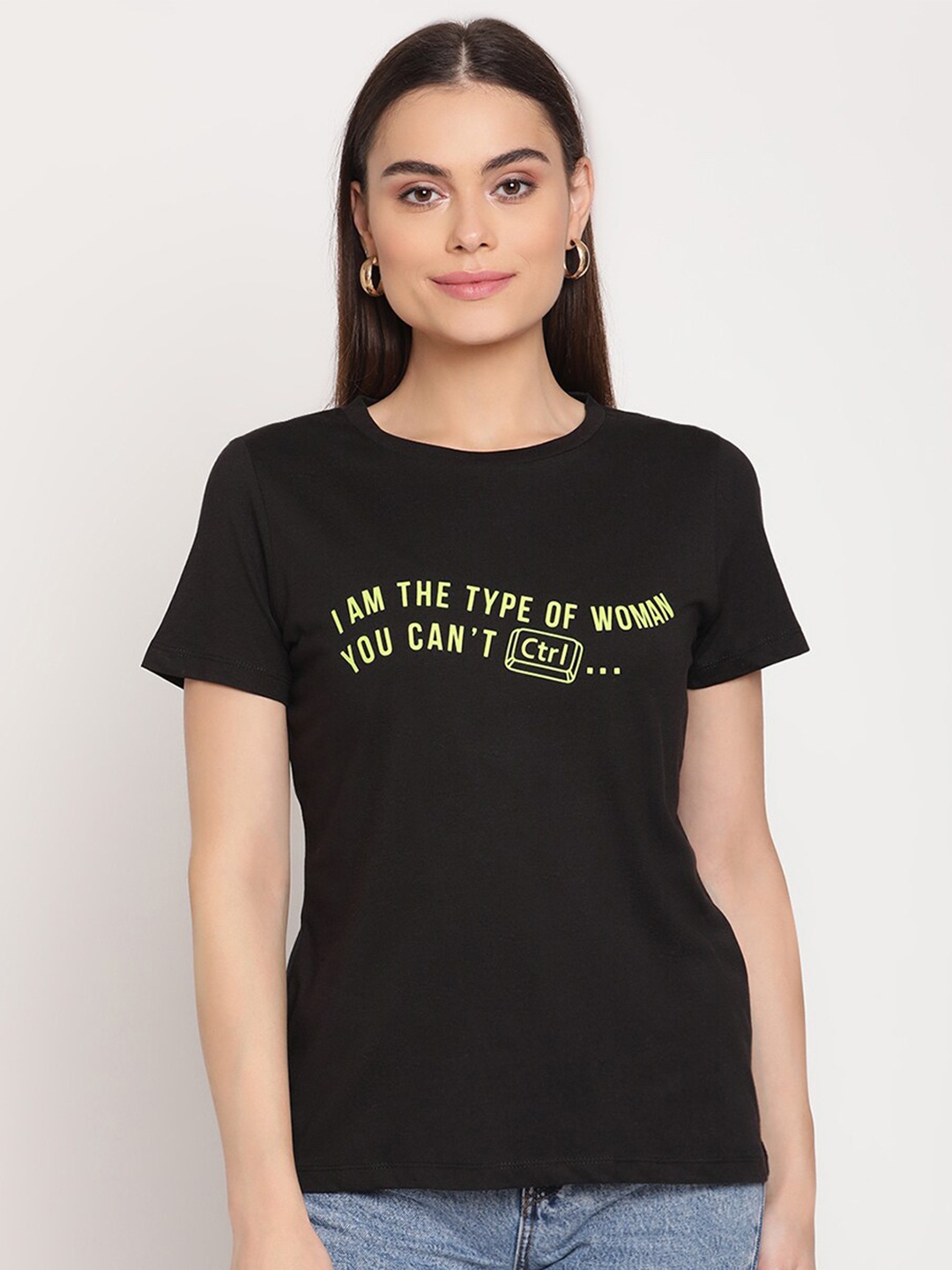 

Madame Women Black & Lime Green Printed Round Neck Cotton Regular Top