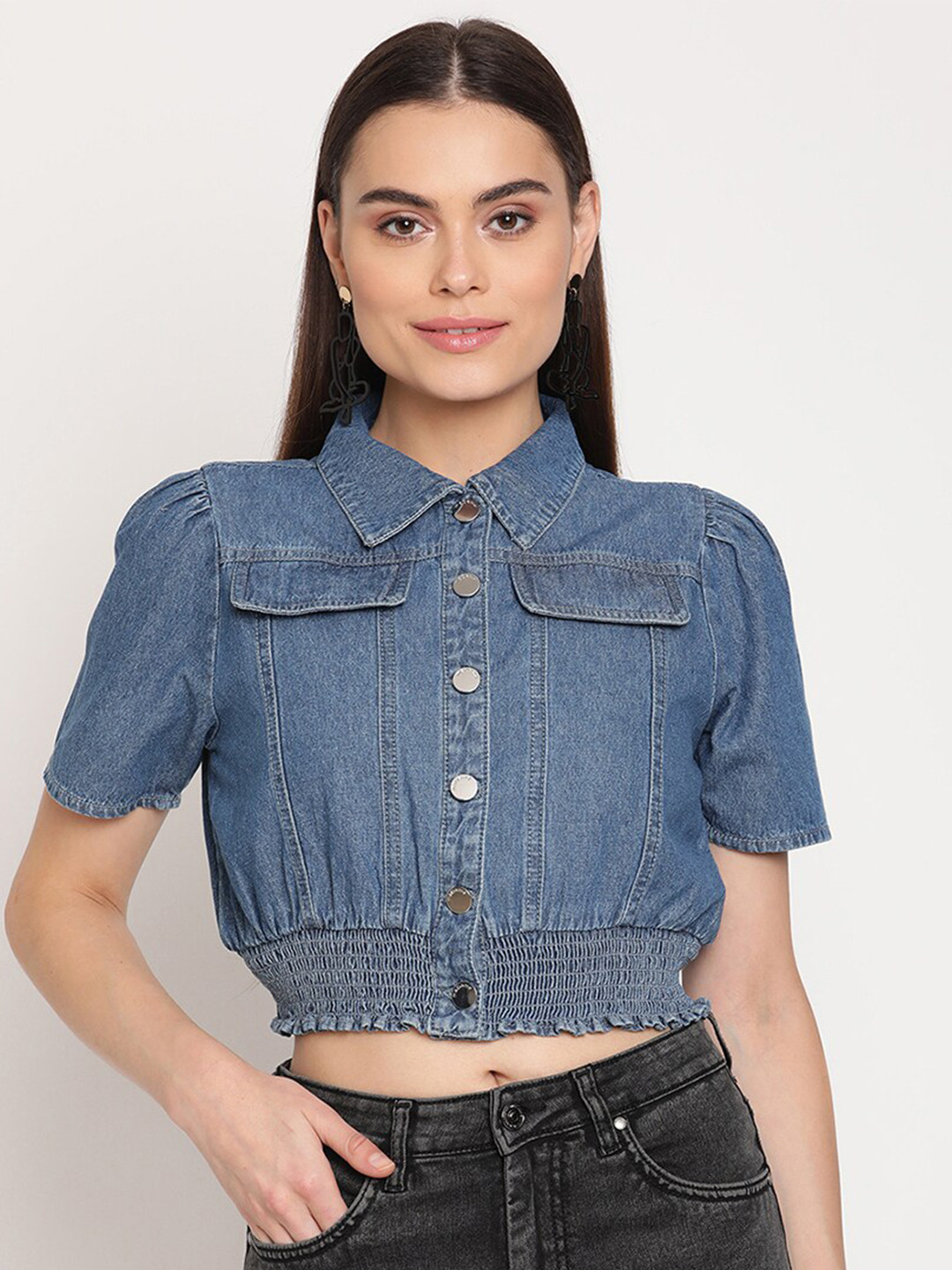 

Madame Women Blue Shirt Style Crop Top
