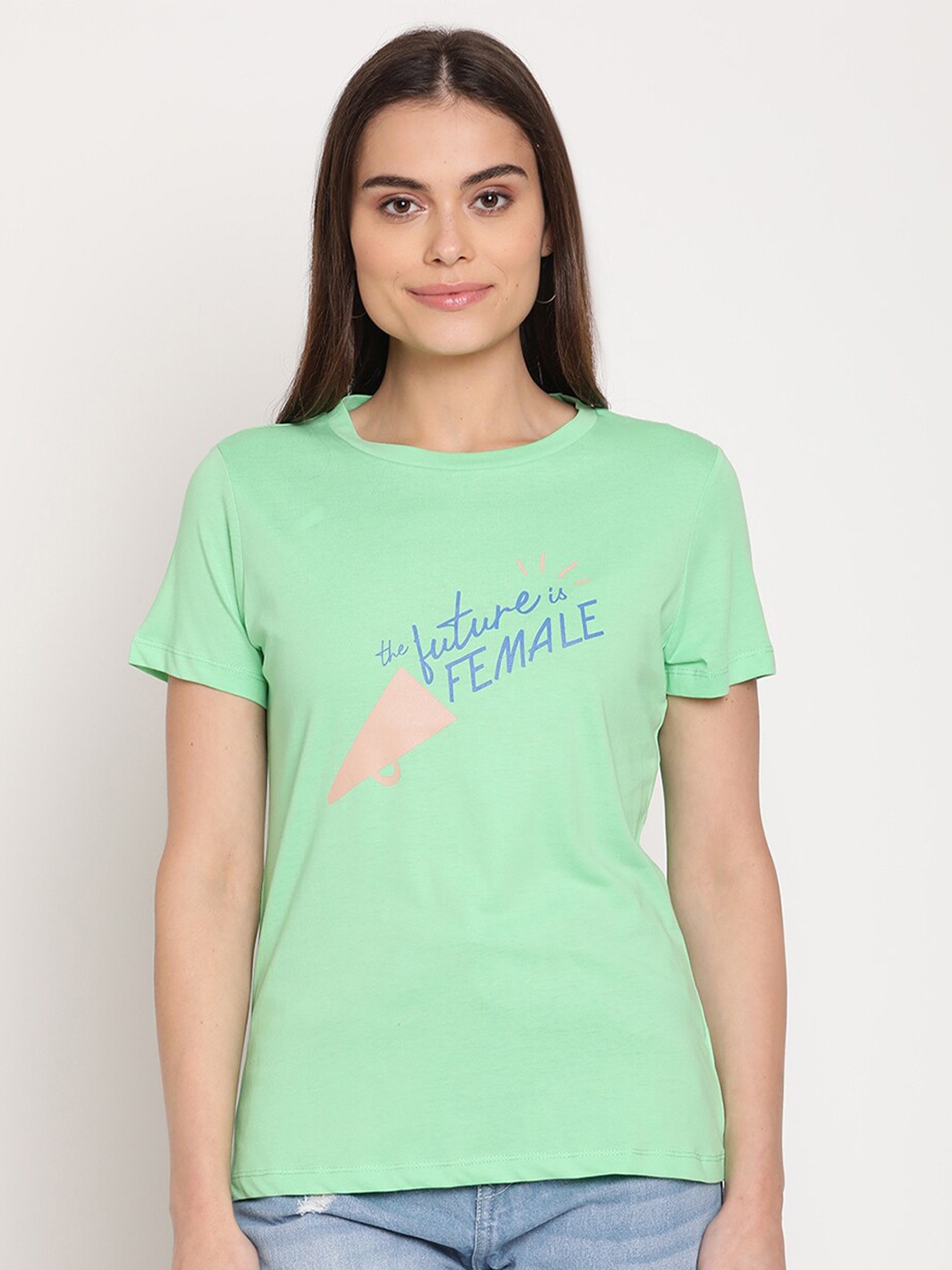 

Madame Women Green & Blue Printed Round Neck Cotton Regular Top
