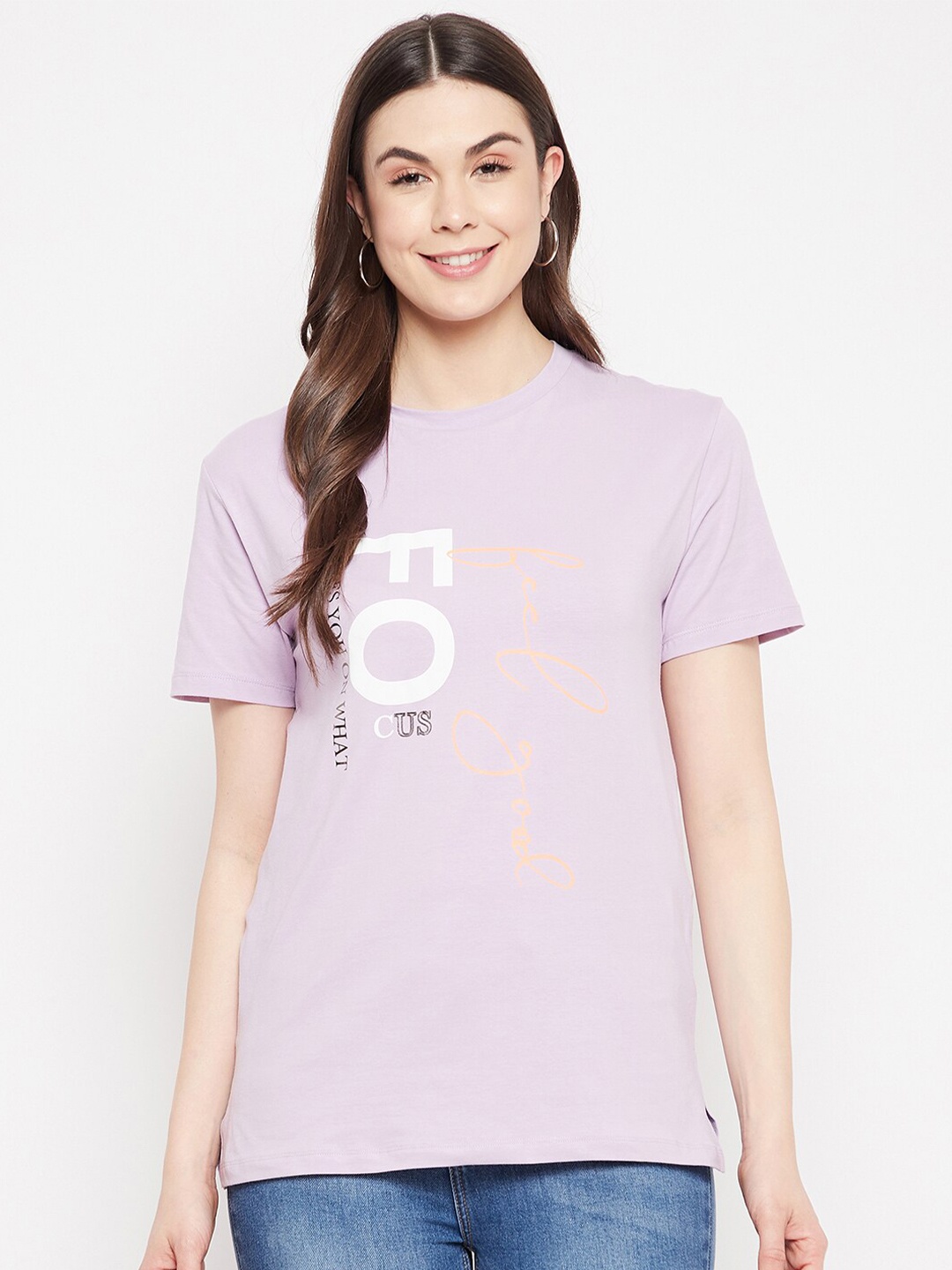 

Madame Women Mauve & White Print Round Neck Cotton Longline Regular Top