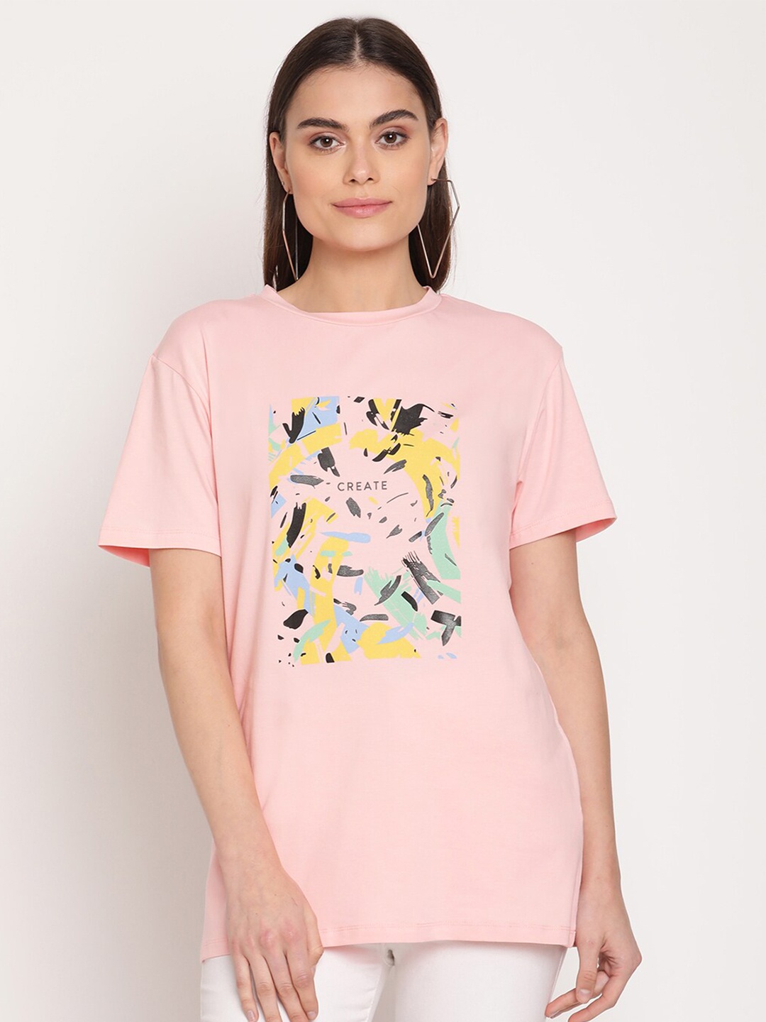 

Madame Women Pink & Yellow Printed Round Neck Cotton Regular Top