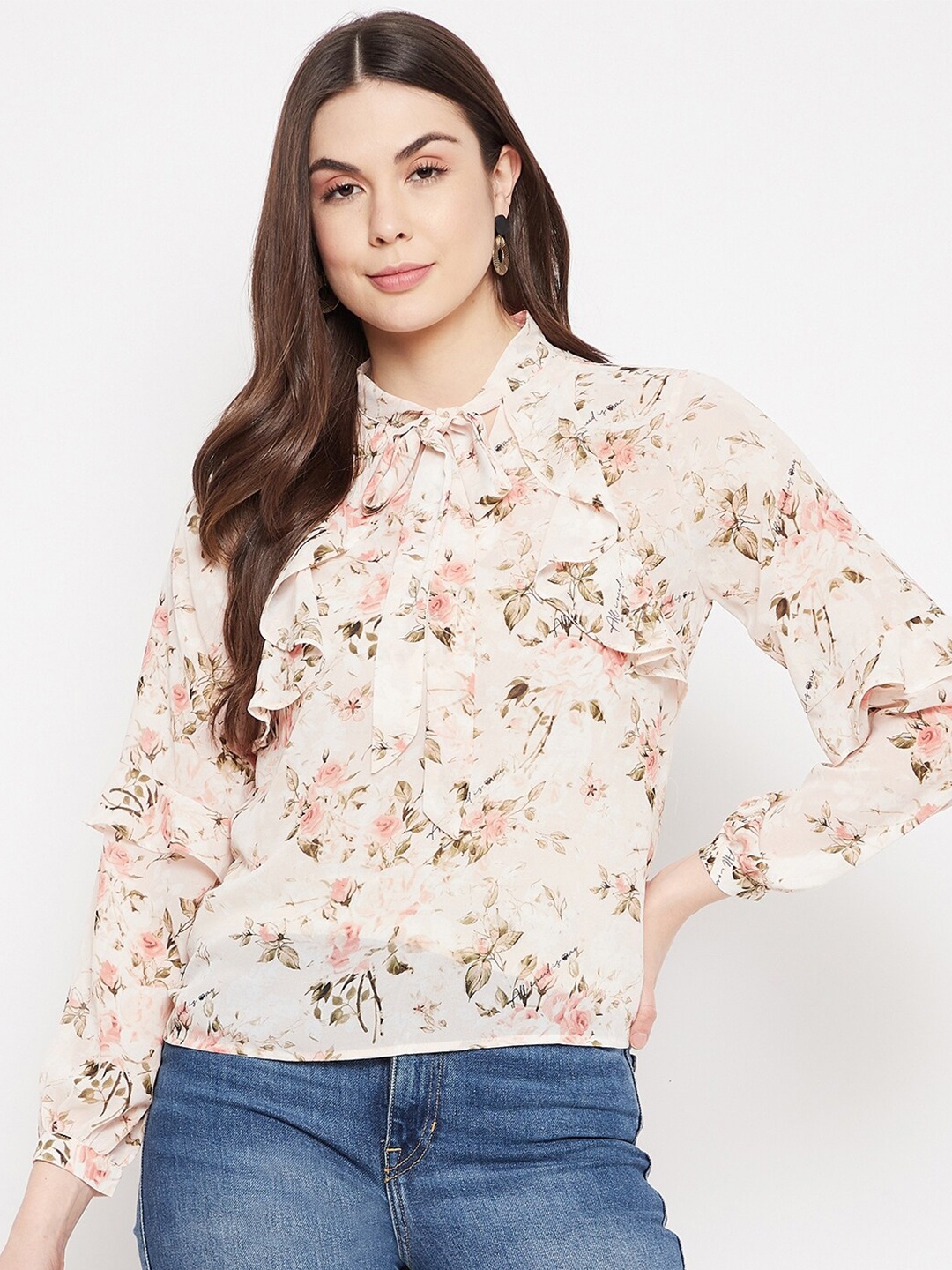 

Madame Women Peach-Coloured Floral Print Tie-Up Neck Top