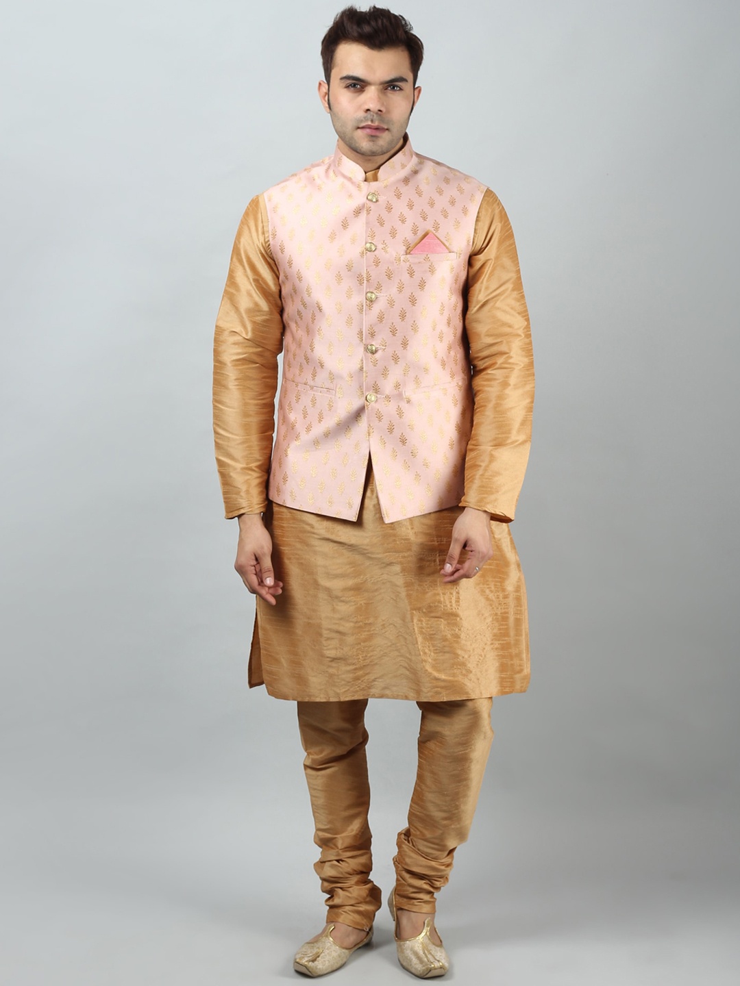 

Uri and MacKenzie Men Khaki Dupion Silk Kurta with Pyjamas & Nehru Jacket
