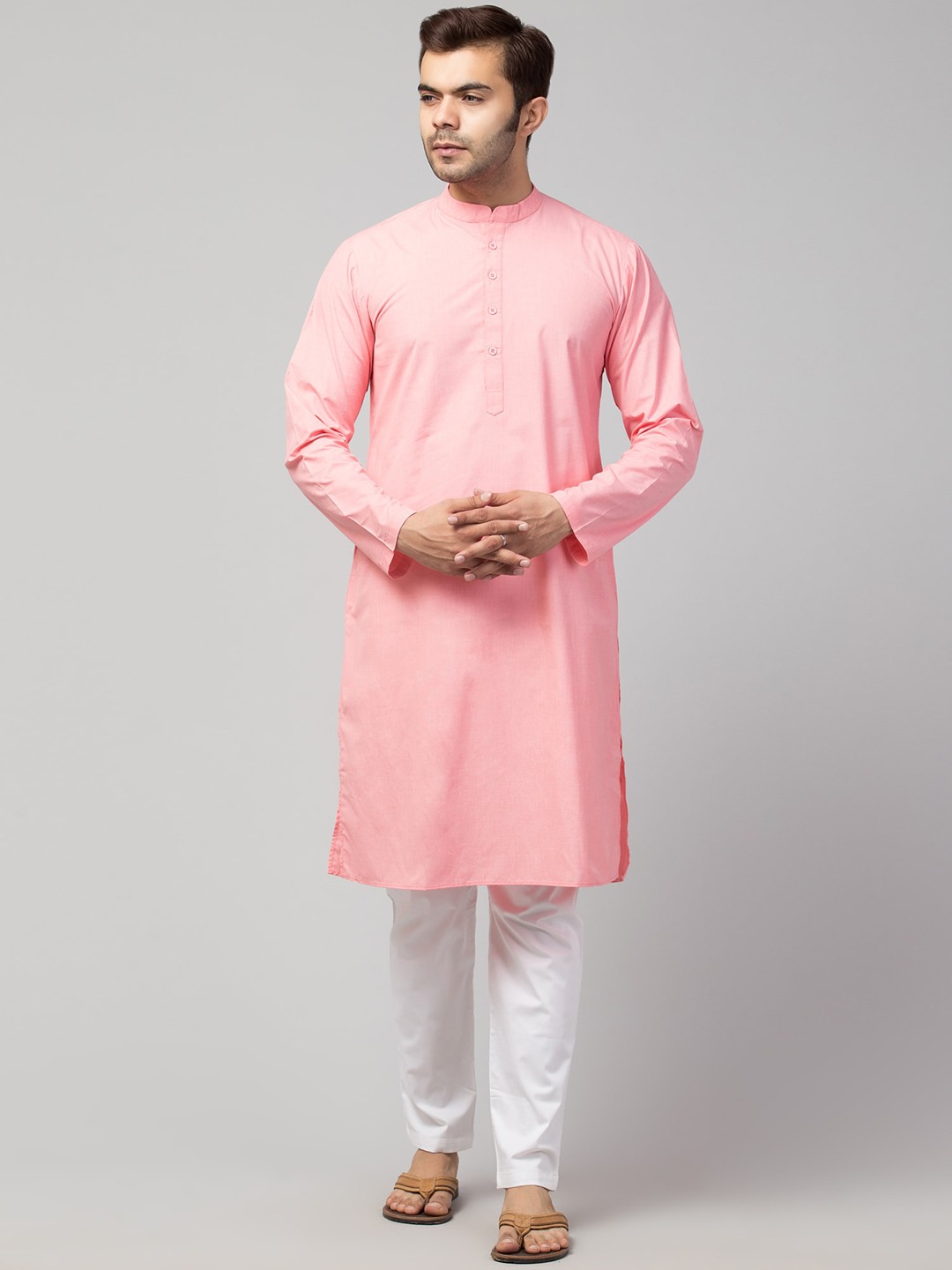 

Waahiba Men Pink Solid Mandarin Collar Cotton Straight Kurta