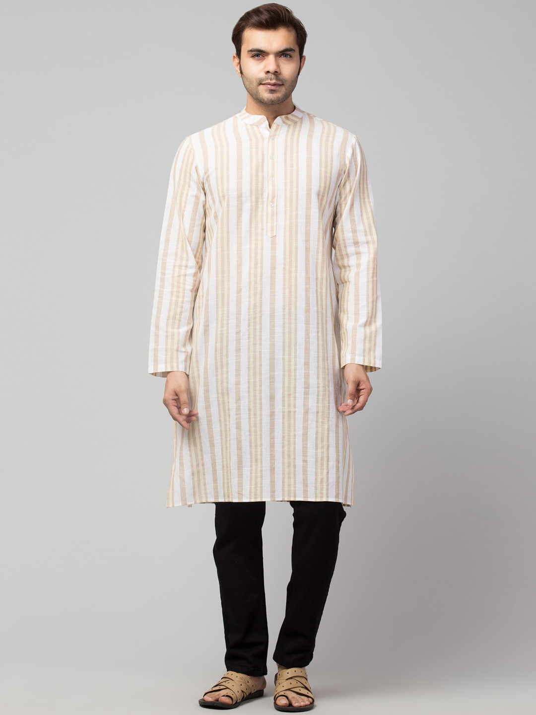

Waahiba Men White & Beige Striped Mandarin Collar Cotton Straight Kurta