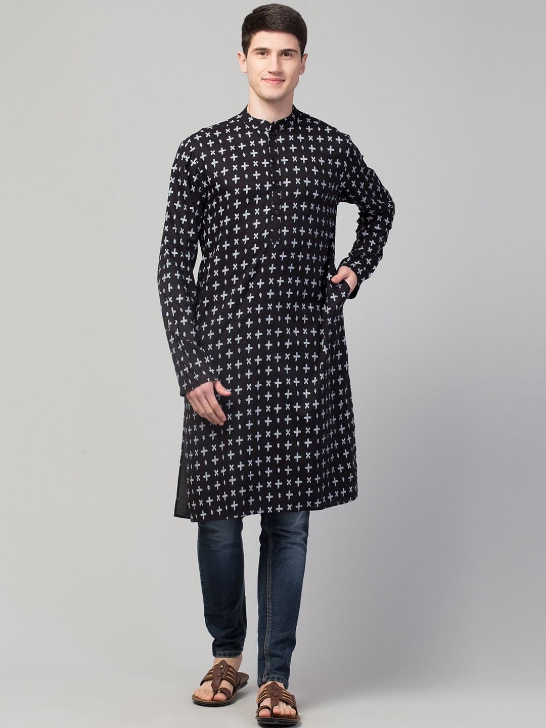 

Waahiba Men Black & White Geometric Mandarin Collar Cotton Straight Kurta