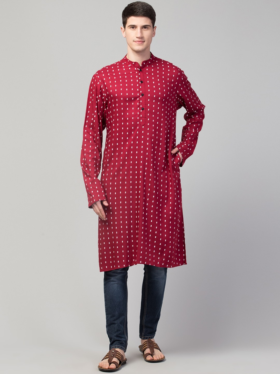 

Waahiba Men Maroon & White Geometric Printed Mandarin Collar Cotton Straight Kurta