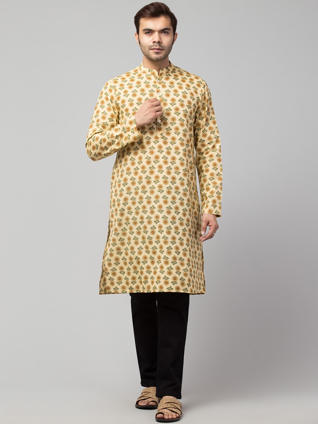 

Waahiba Men Yellow & Green Floral Printed Mandarin Collar Cotton Straight Kurta
