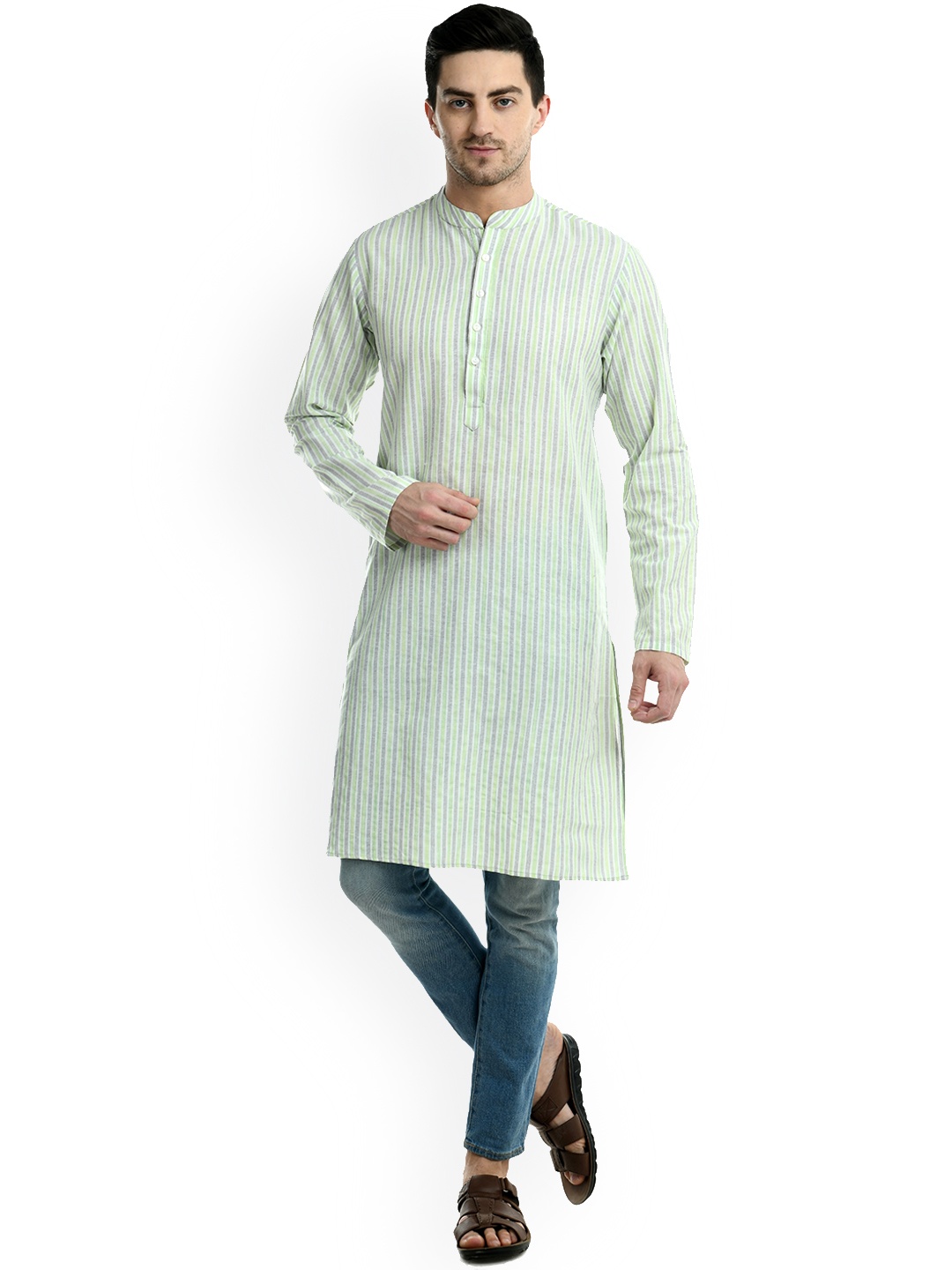 

Waahiba Men Green Striped Kurta