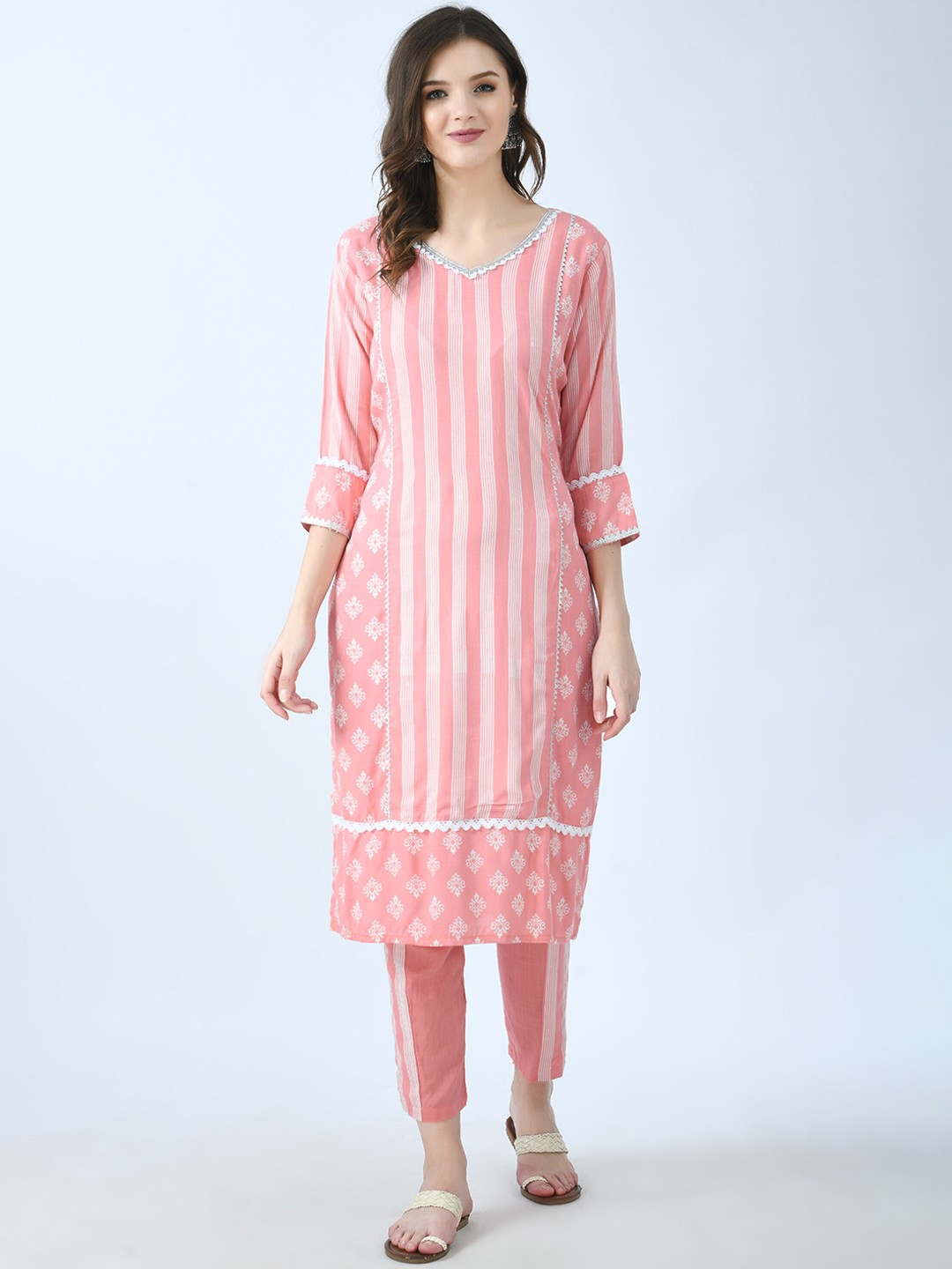 

MAFE Women Peach-Coloured Striped Kurta with Trousers