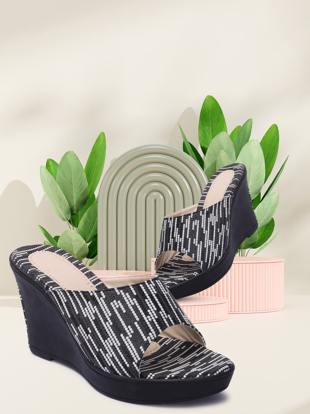 

Longwalk Black & White Printed Party Wedge Heels