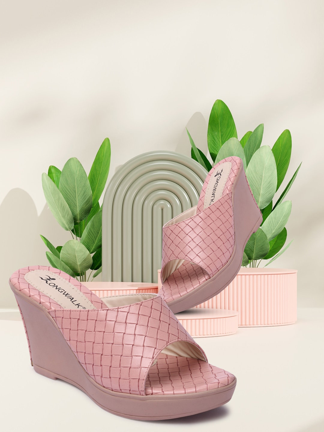 

Longwalk Women Rose Pink Printed PU Party Wedge Sandals