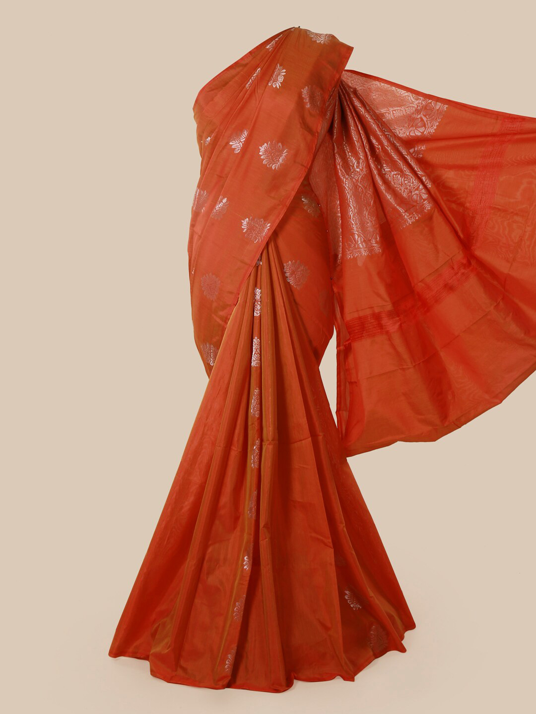 

Pothys Orange & Silver-Toned Ethnic Motifs Zari Saree