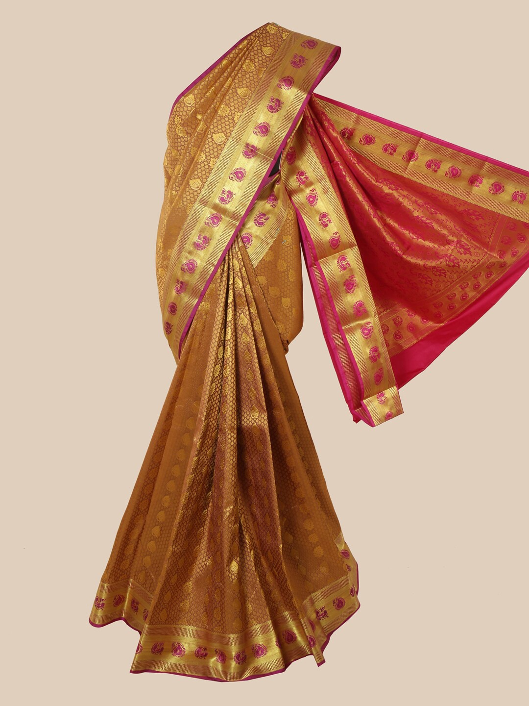 

Pothys Yellow & Red Floral Zari Art Silk Saree