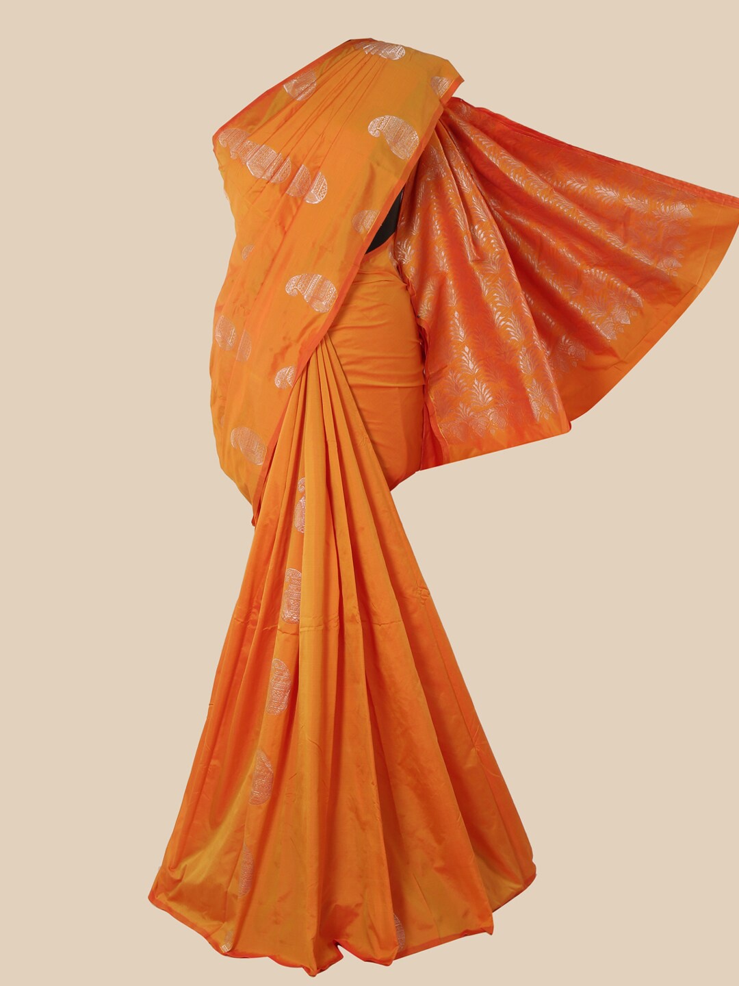 

Pothys Orange & Silver-Toned Woven Design Zari Silk Cotton Saree