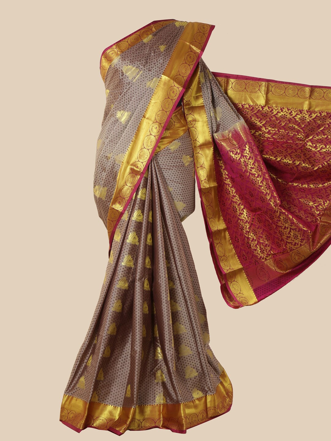 

Pothys Grey & Gold-Toned Woven Design Zari Art Silk Saree