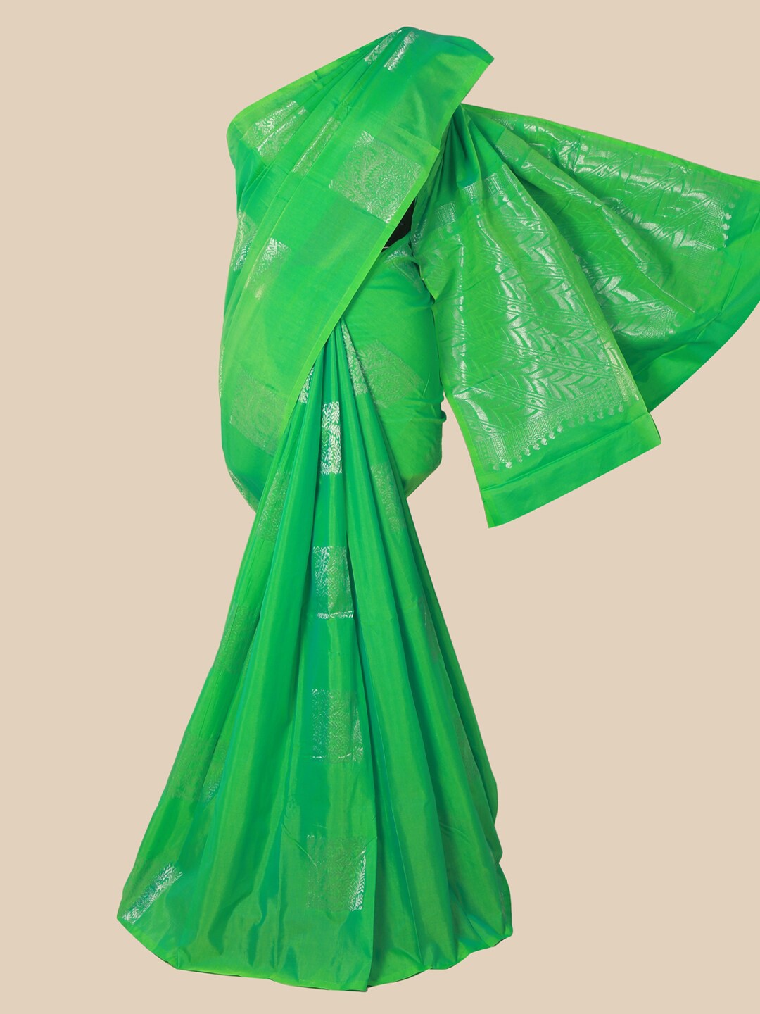 

Pothys Green & Silver-Toned Woven Design Silk Cotton Saree