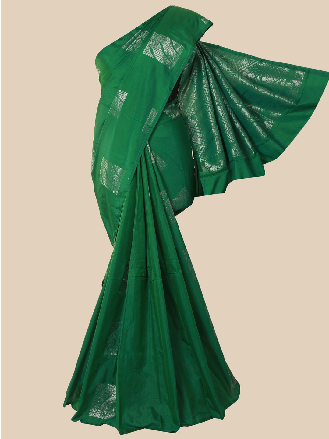 

Pothys Green & Silver-Toned Woven Design Silk Cotton Saree