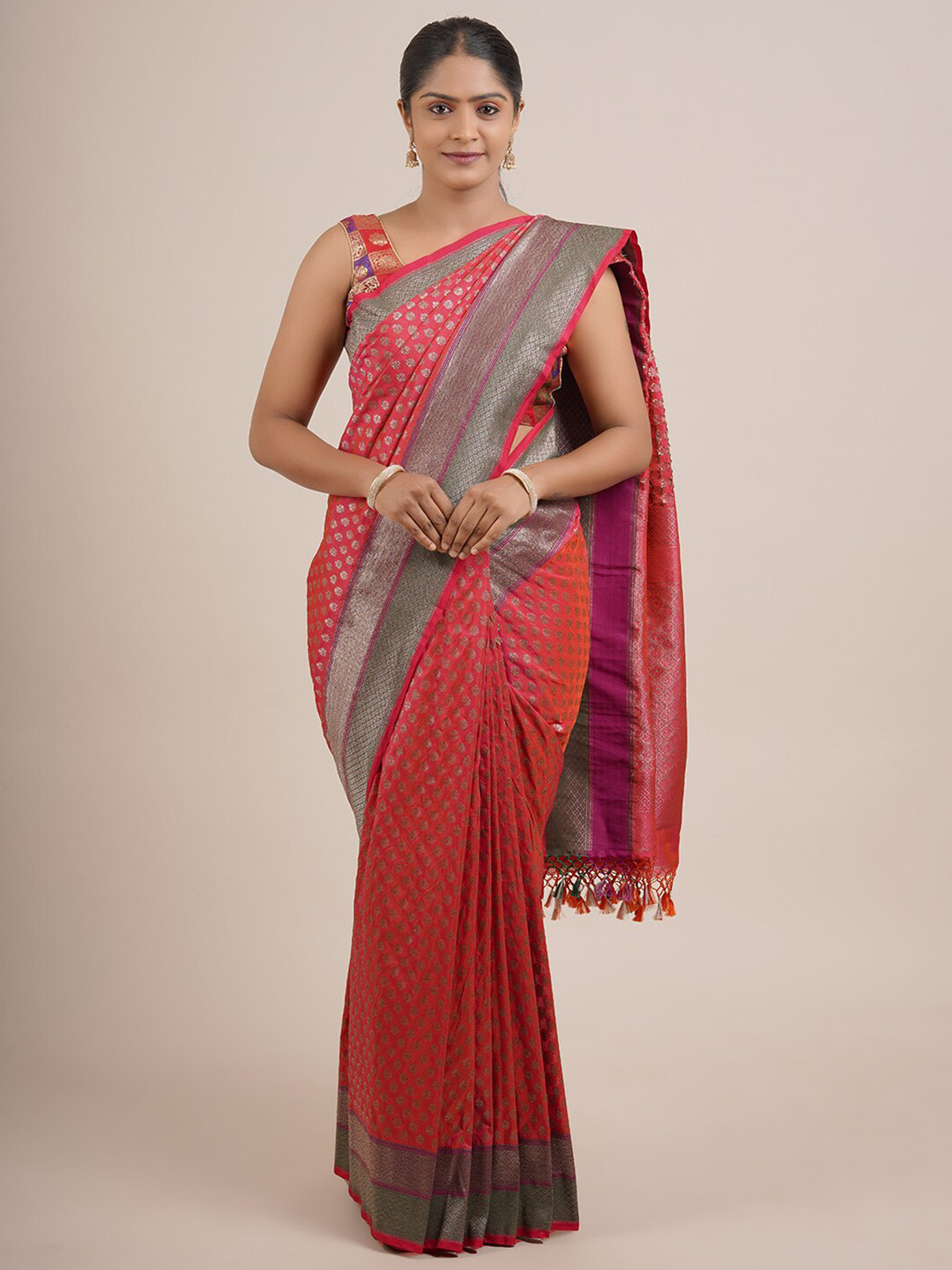 

Pothys Pink & Silver Floral Zari Pure Silk Saree