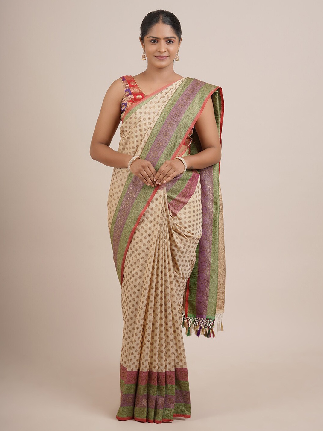 

Pothys Cream-Coloured & Green Floral Zari Pure Silk Saree