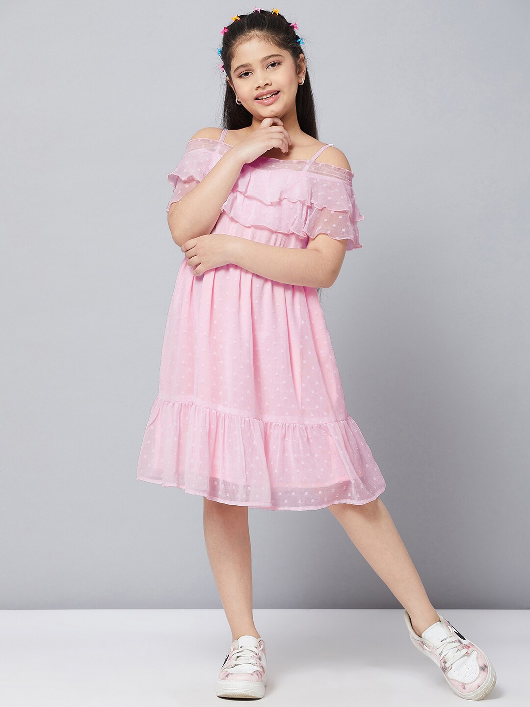 

Stylo Bug Girls Pink Self Design Shoulder Straps Chiffon A-line Dress