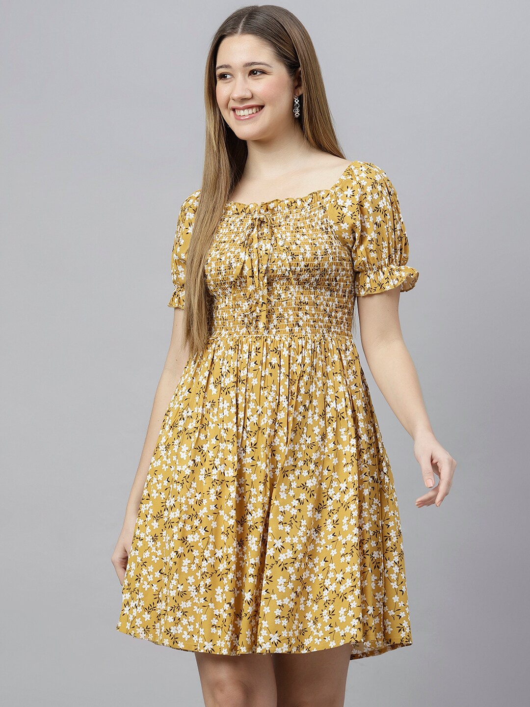 

FLAMBOYANT Women Mustard Yellow & White Floral Square Neck Fit & Flare Dress