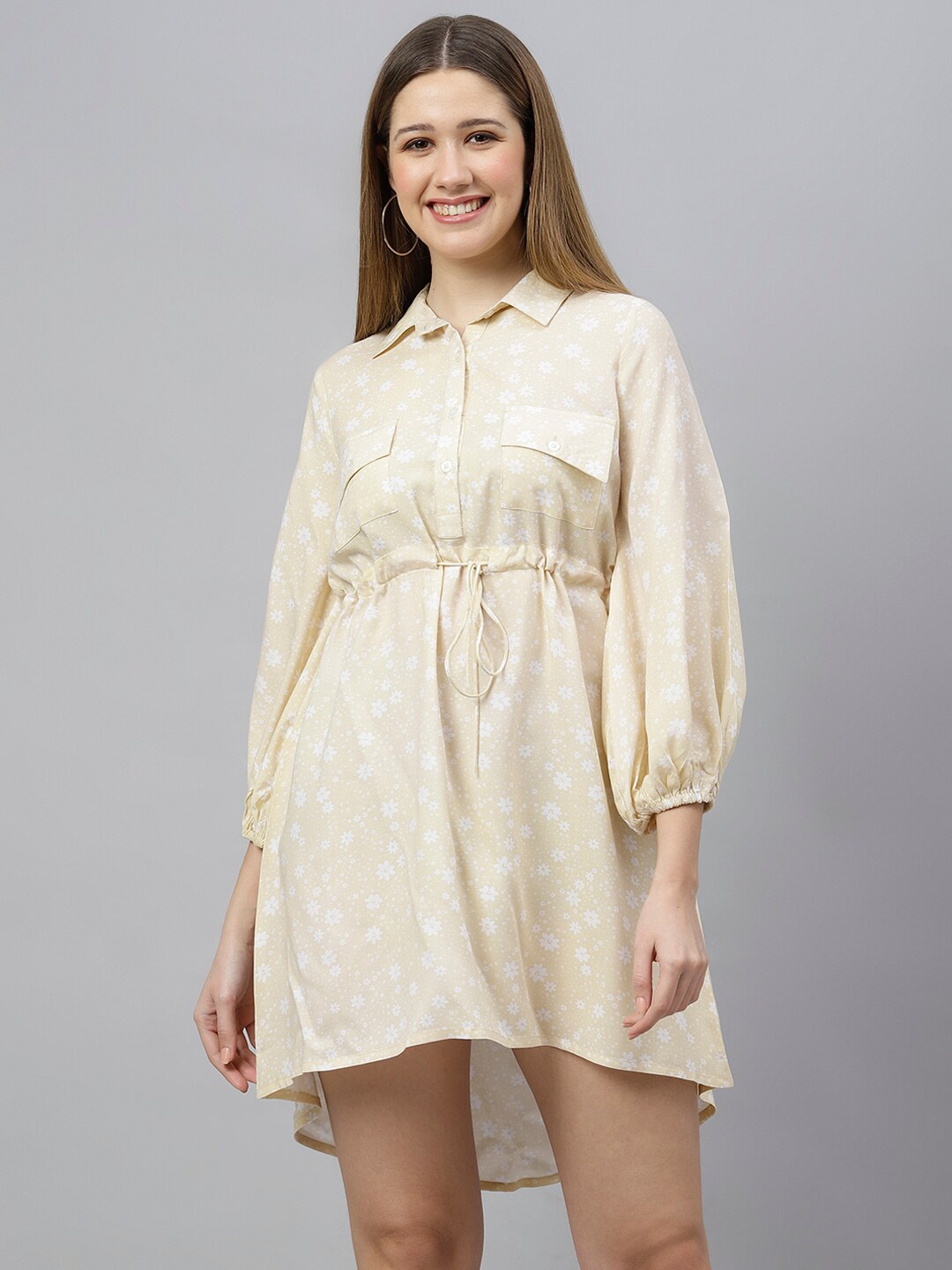 

FLAMBOYANT Women Yellow & Off White Floral Shirt Dress