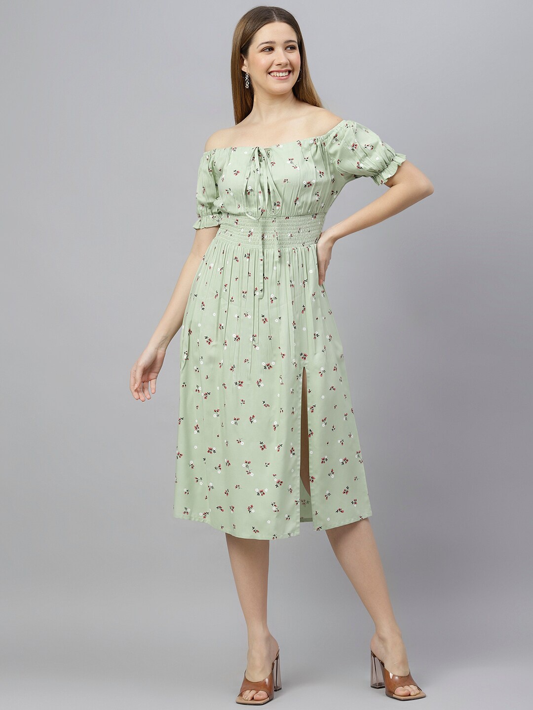 

FLAMBOYANT Women Green & White Floral Off-Shoulder Empire Dress
